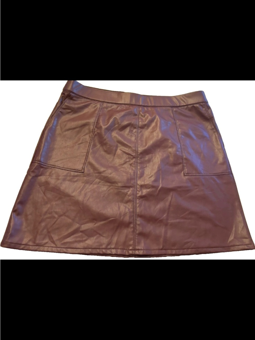 Merlot Wine A Line Faux Leather pull on Midi Skirt bucket pockets